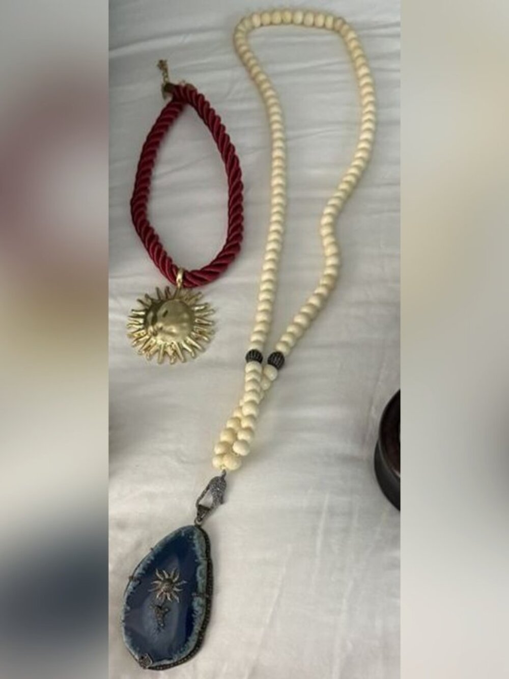 Blue Agate Slice Pendant on Long Bone Bead Necklace